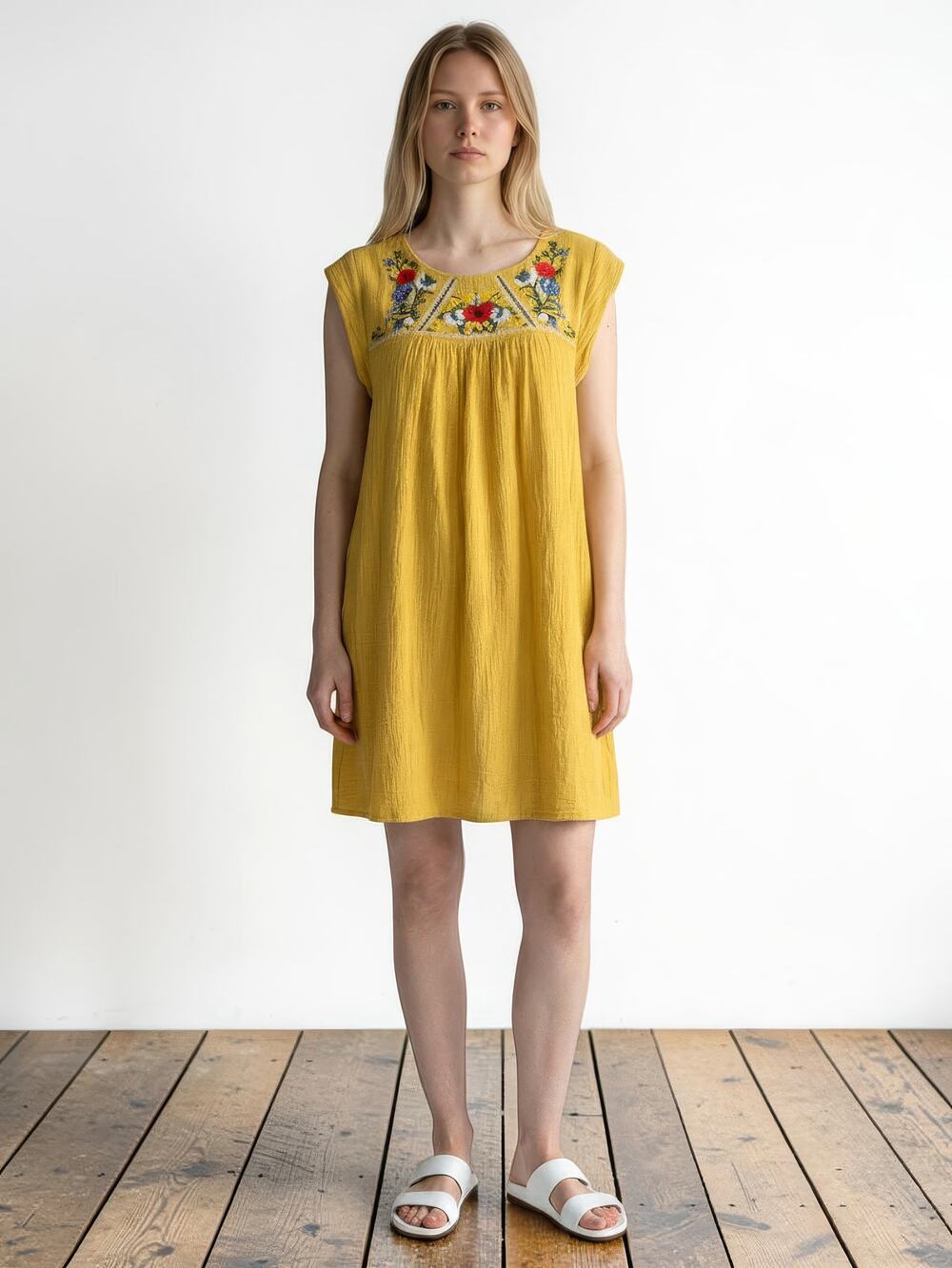 Boutique Boho JODIFL Embroidered Flowers Flowy Light  Tunic Dress Yellow M